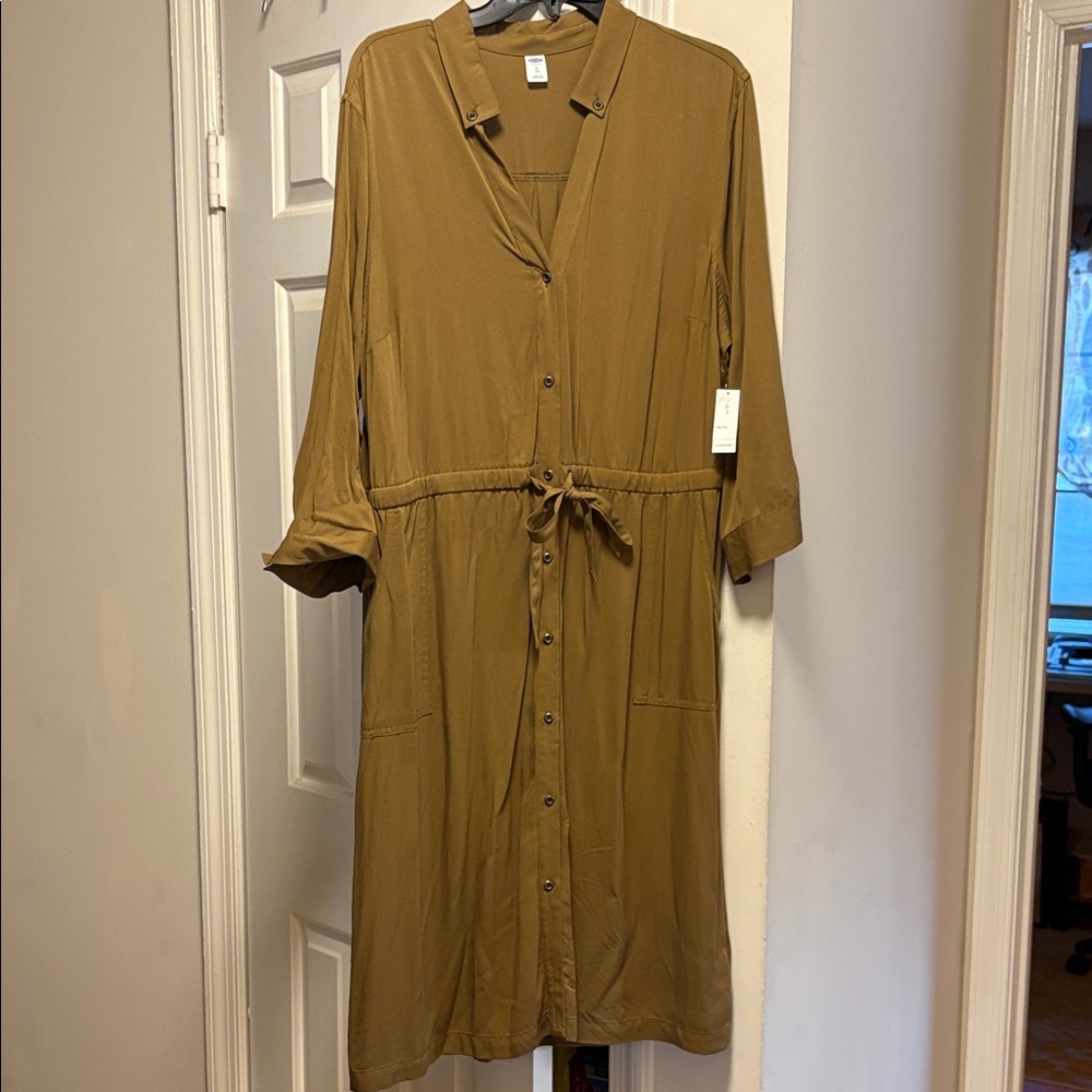 NWT Old Navy Long Sleeve Button Down Olive Midi Dress w/ pockets XL